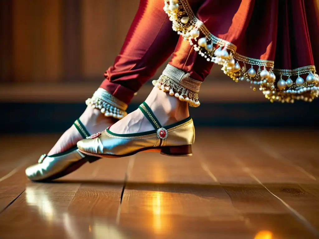 Los pies de una bailarina de Kathak brillan con los ghungroo mientras danzan en un escenario iluminado