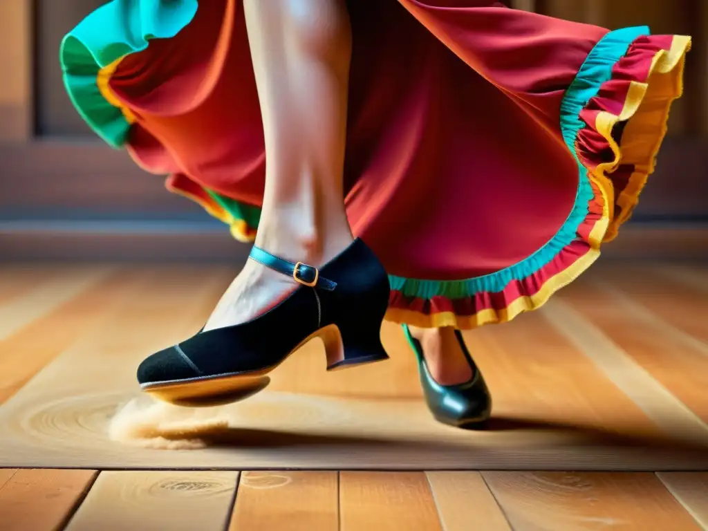 Pies de bailarina flamenca en zapatos tradicionales, danzando en un escenario iluminado, creando un ambiente dramático