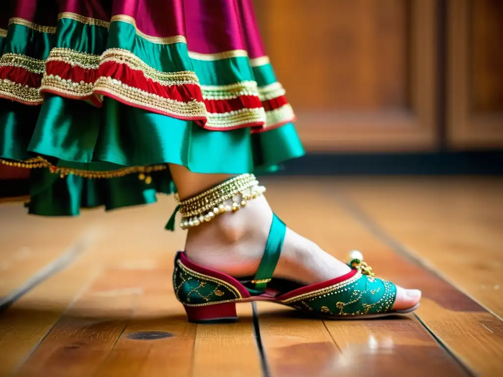 Los pies de una bailarina de Kathak danzan con gracia y precisión, adornados con ghungroo y joyas