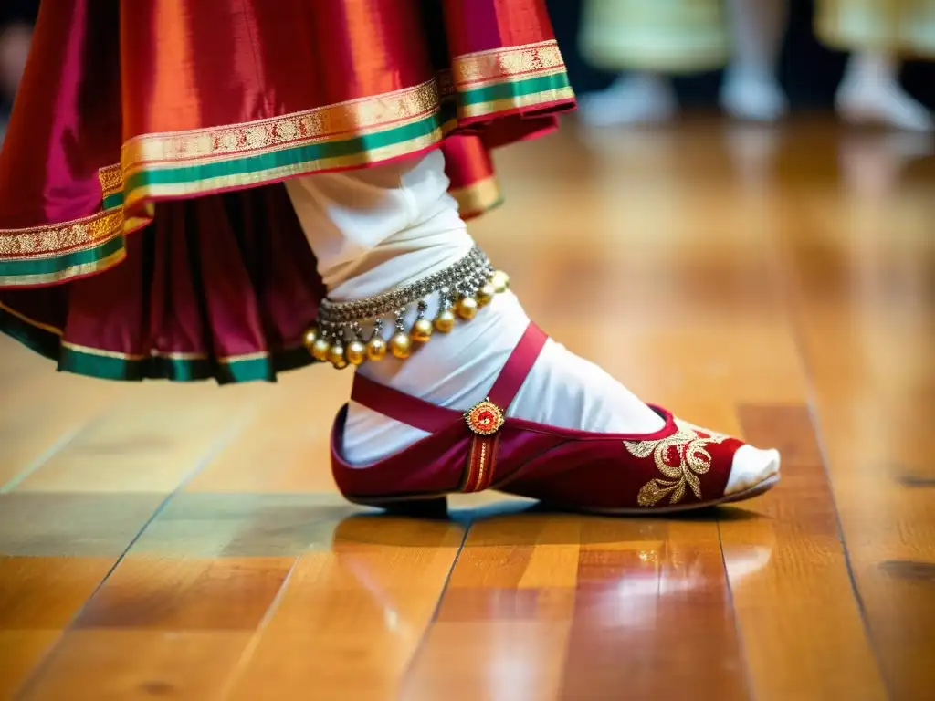 Los pies de una bailarina de Kathak India, con ghungroo, danzan con gracia en un escenario de madera