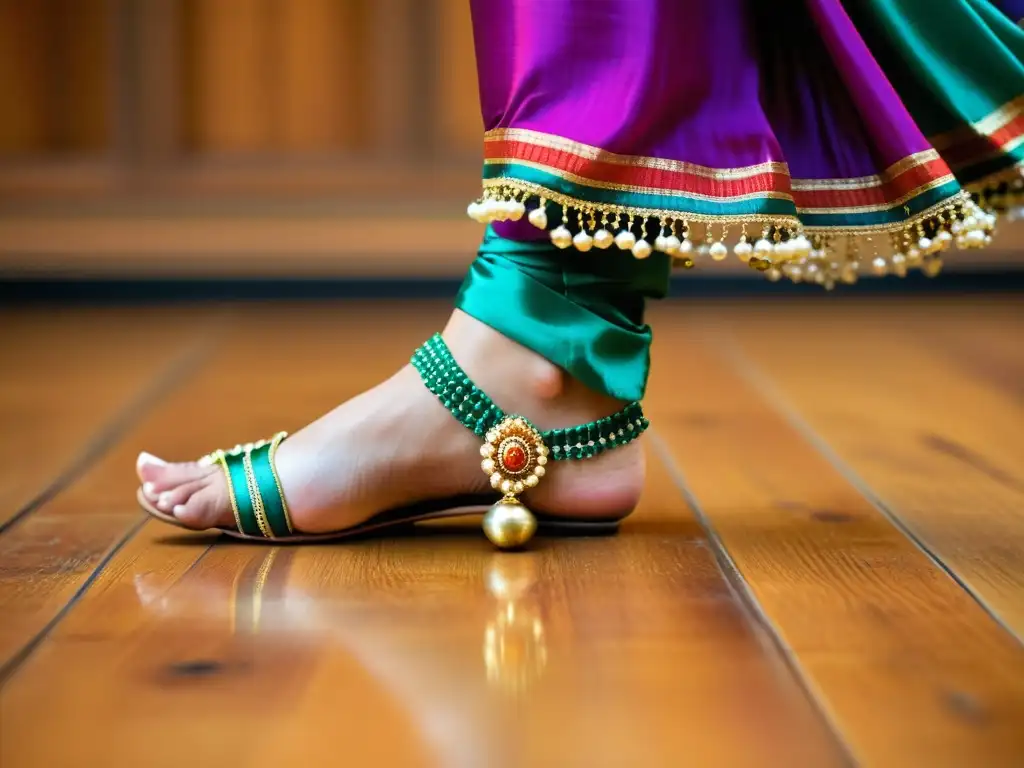 Los pies de una bailarina de Kathak danzan con gracia y pasión, creando un ritmo encantador en un video explicativo danza clásica India