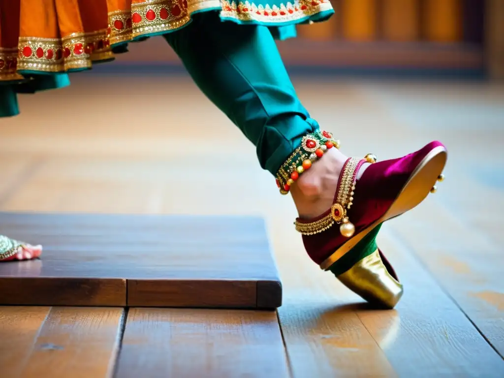 Los pies de una bailarina Kathak de la India, con cascabeles, danzan con gracia en un escenario de madera