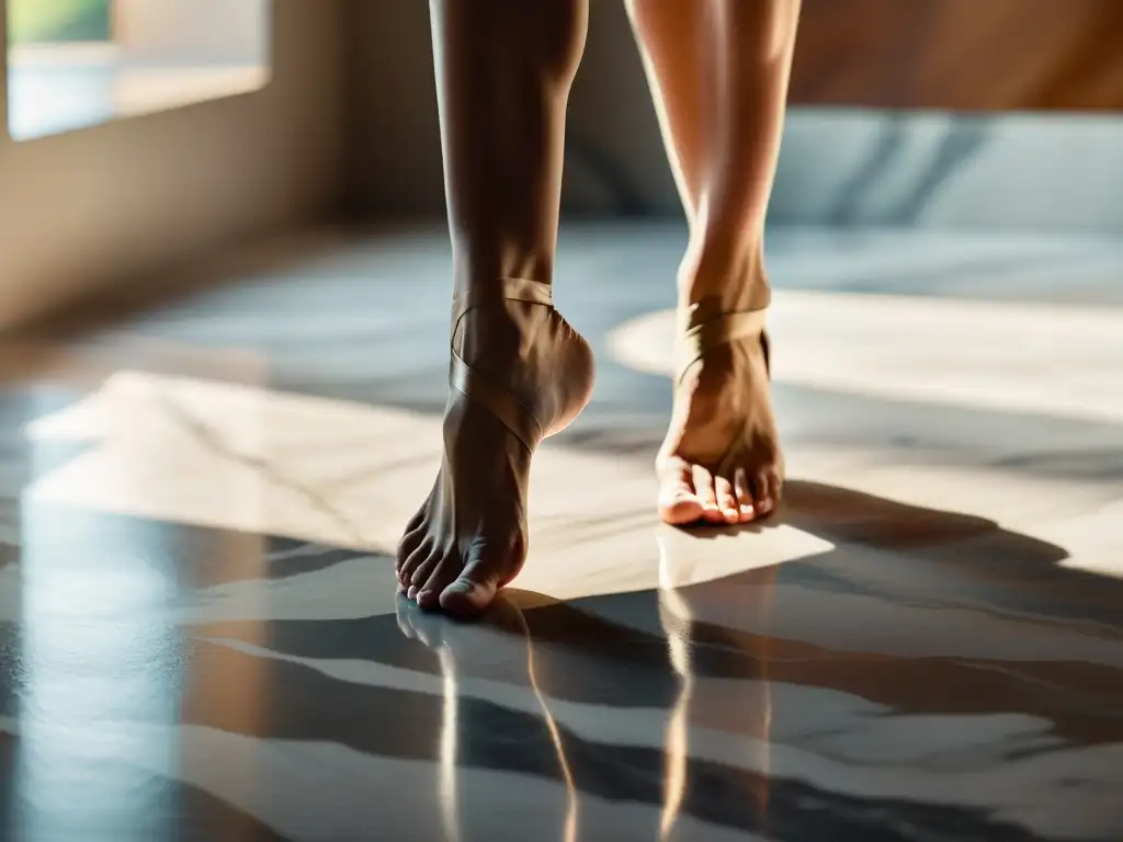 Los pies de una bailarina en movimiento fluido sobre un suelo de mármol, resaltando la técnica de montaje para documentales de danza