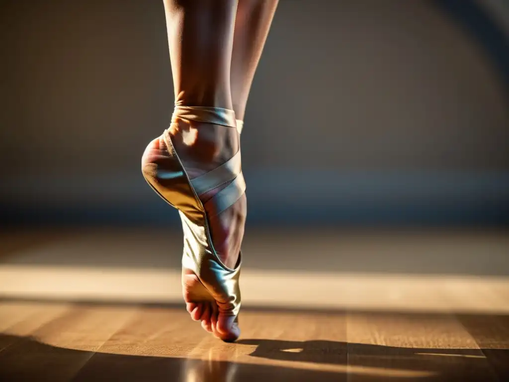 Los pies de una bailarina en pleno salto, destacando su arco y dedos flexionados