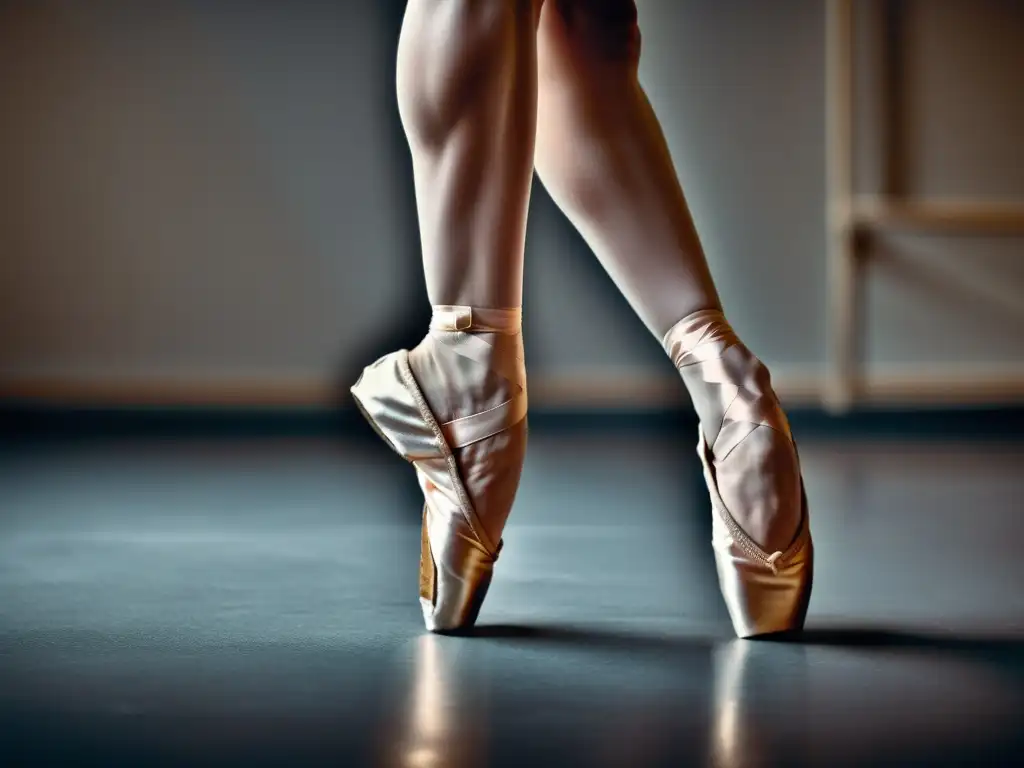 Los pies de una bailarina en punta, con músculos definidos y zapatos de danza