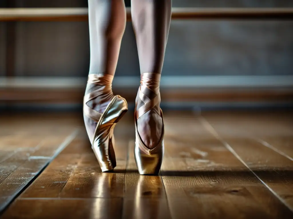 Pies de bailarina en punta sobre el suelo de madera, capturando la fuerza y gracia en la danza