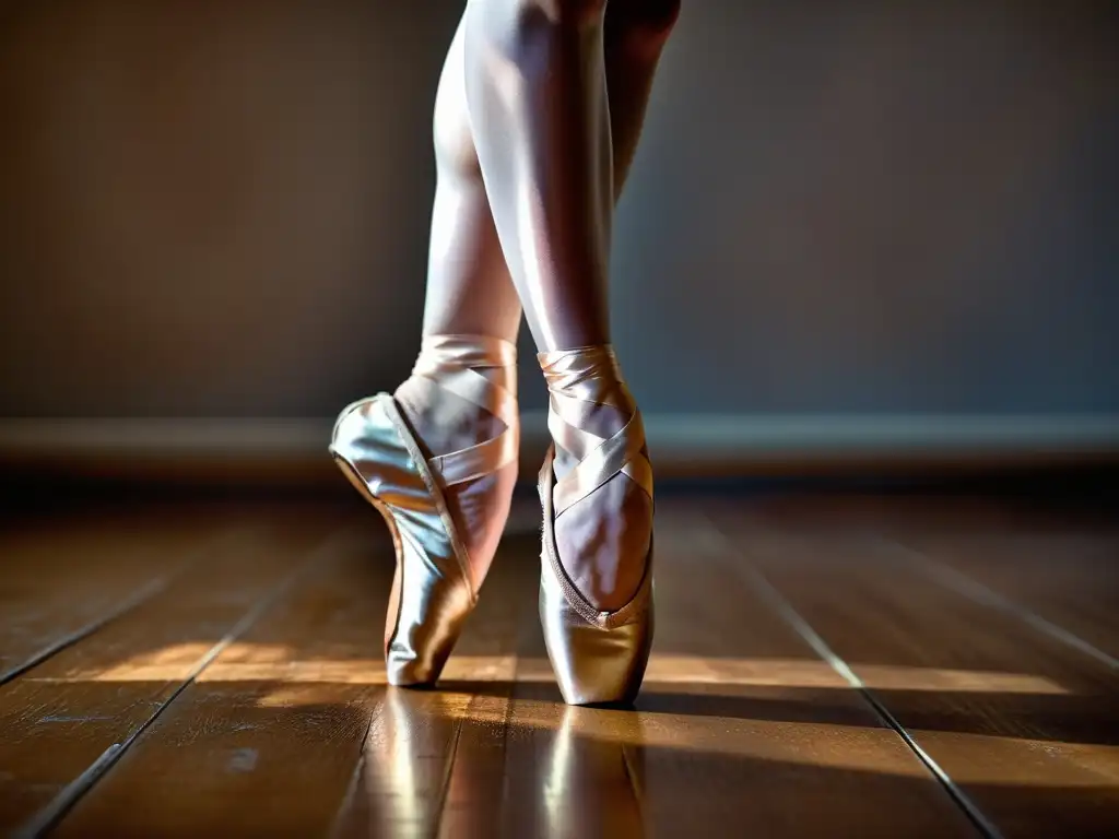 Los pies de una bailarina en punta, con zapatillas desgastadas, reflejan la belleza y disciplina en Ballet Ruso