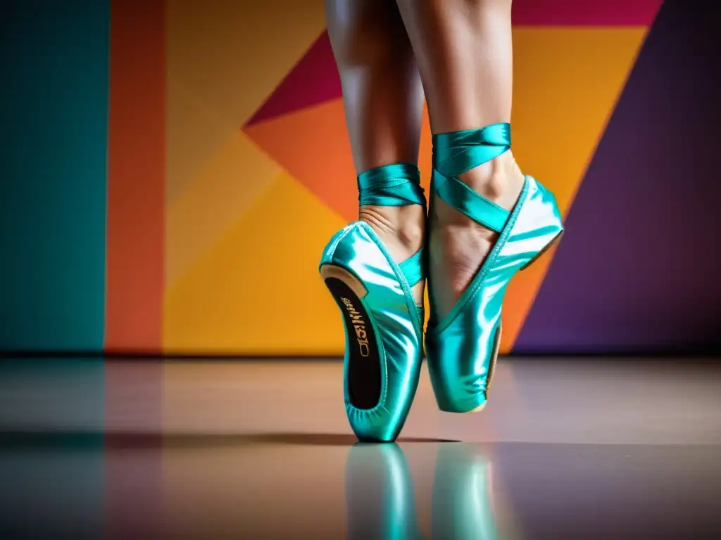 Los pies de una bailarina en punta, con zapatillas de ballet estampadas con diseños geométricos modernos