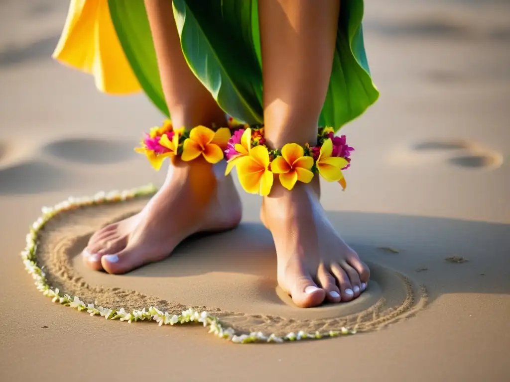 Los pies de una bailarina de hula tradicional hawaiana crean patrones en la arena mientras danza en una playa