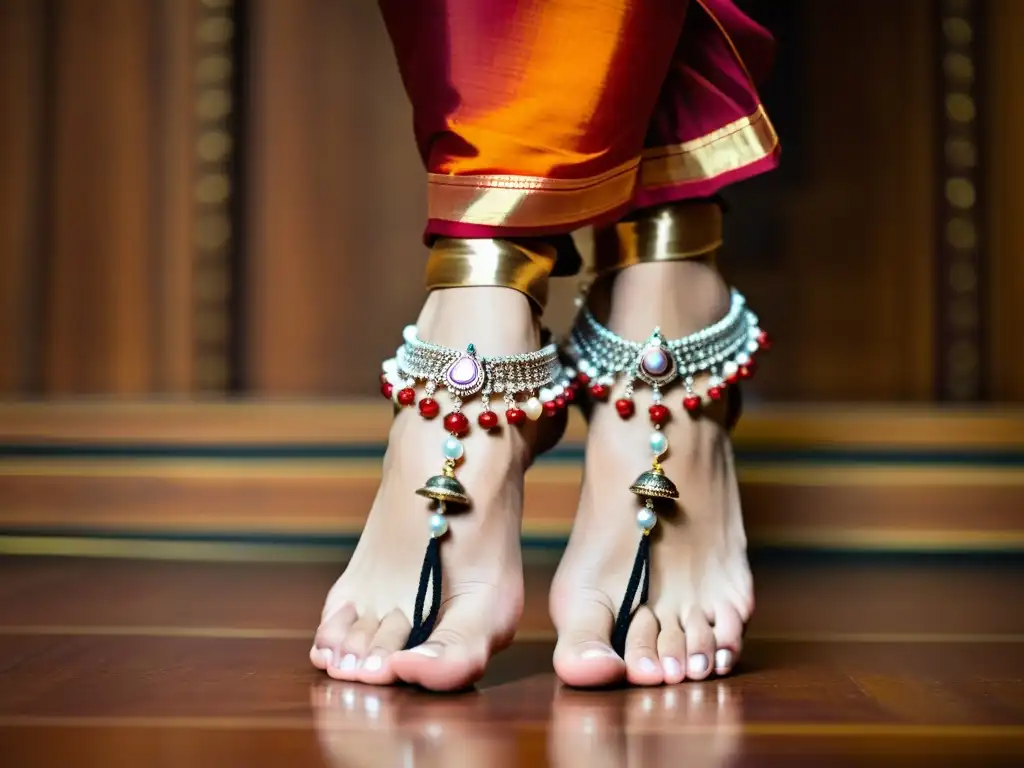 Los pies de una bailarina de Bharatanatyam exhiben joyería tradicional, resaltando la influencia del Bharatanatyam en joyería