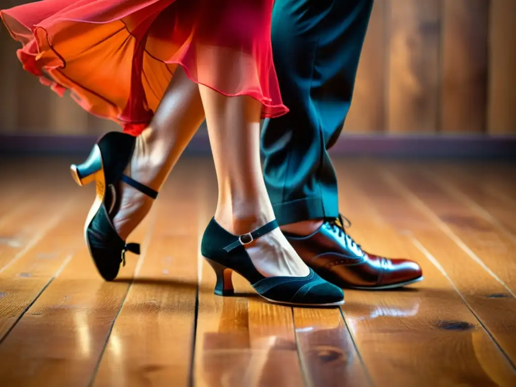 Los pies de los bailarines de tango se deslizan con gracia sobre el piso de madera, capturando el estilo íntimo del tango milonguero en toda su tradición y modernidad