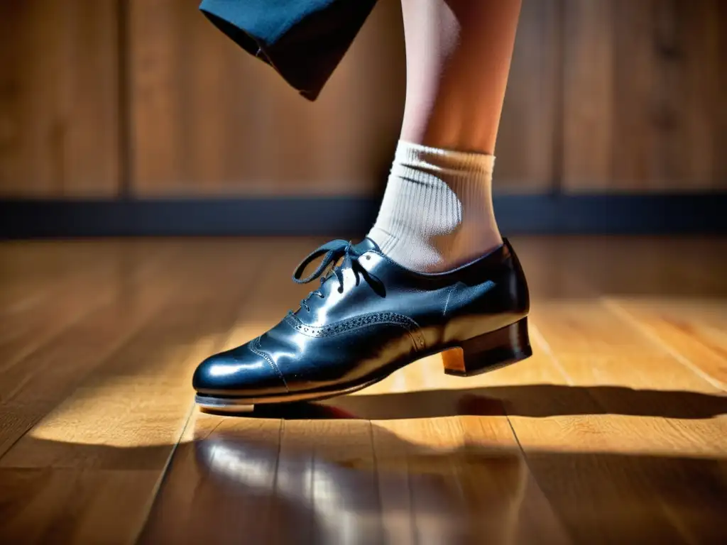 Unos pies de bailarín de claqué en movimiento, capturando la pasión y la historia de este arte tradicional