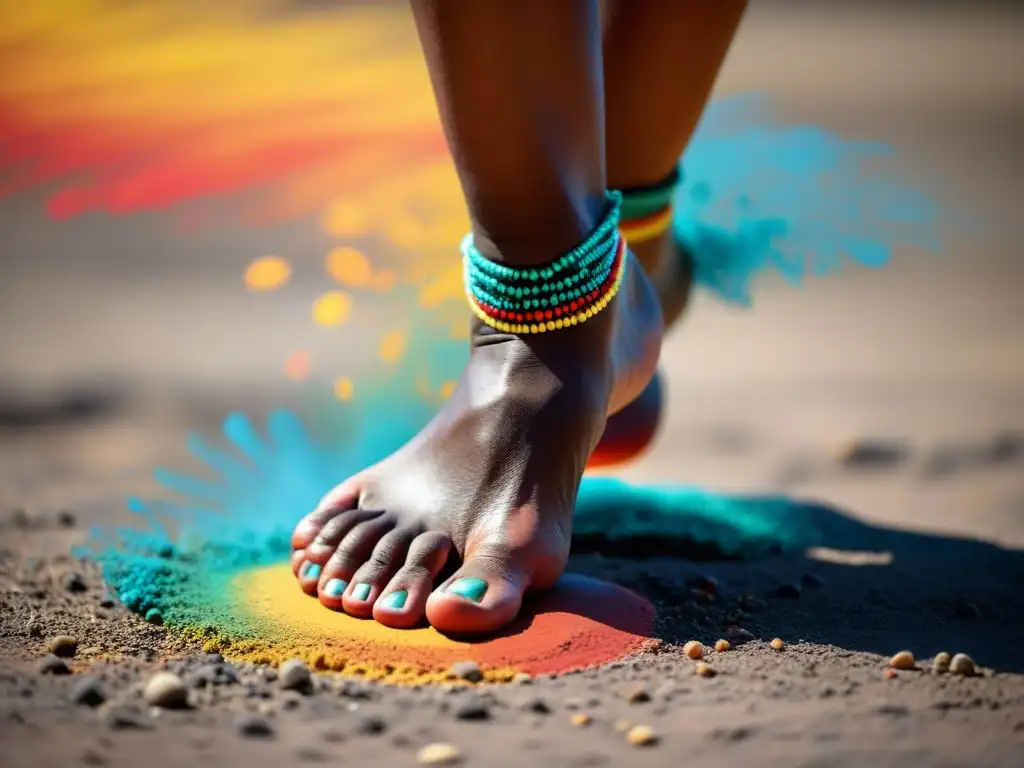 Los pies descalzos de un bailarín aborigen danzan en la tierra, destacando el significado cultural de danzas aborígenes australianas