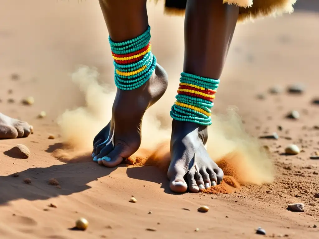 Los pies descalzos de un bailarín Zulú crean patrones en el polvo con movimientos llenos de energía y simbolismo danza Zulú Sudáfrica