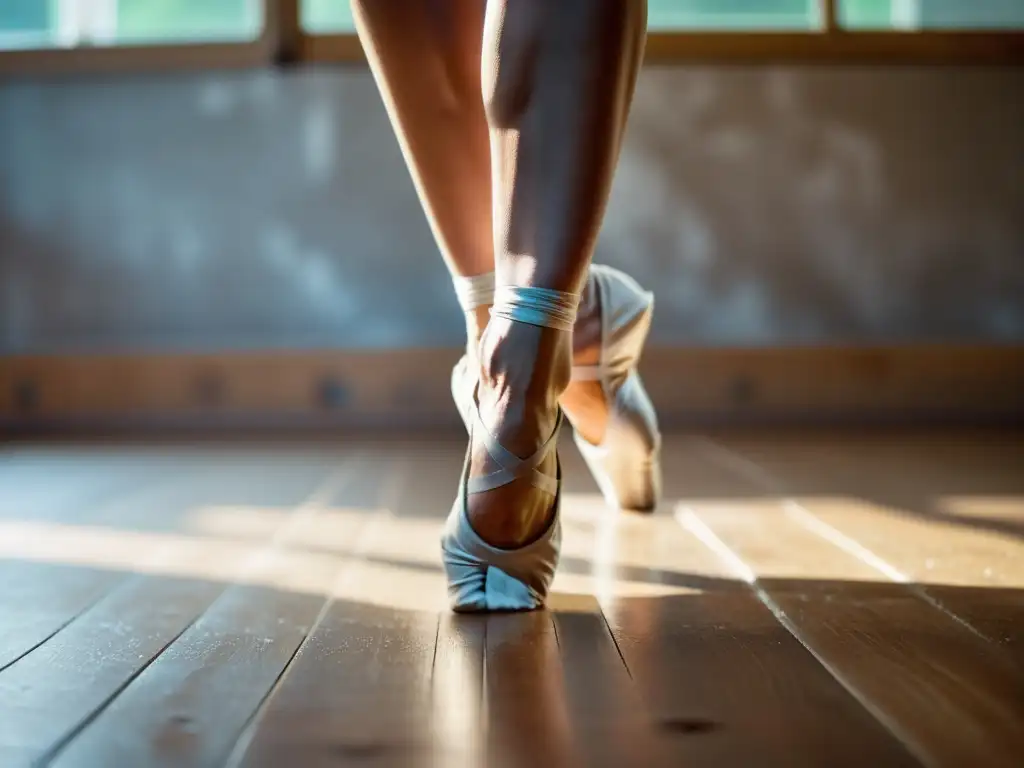 Los pies desnudos de una bailarina cubiertos de tiza ejecutan una pirueta perfecta, capturando la intensidad del storytelling en documentales de danza