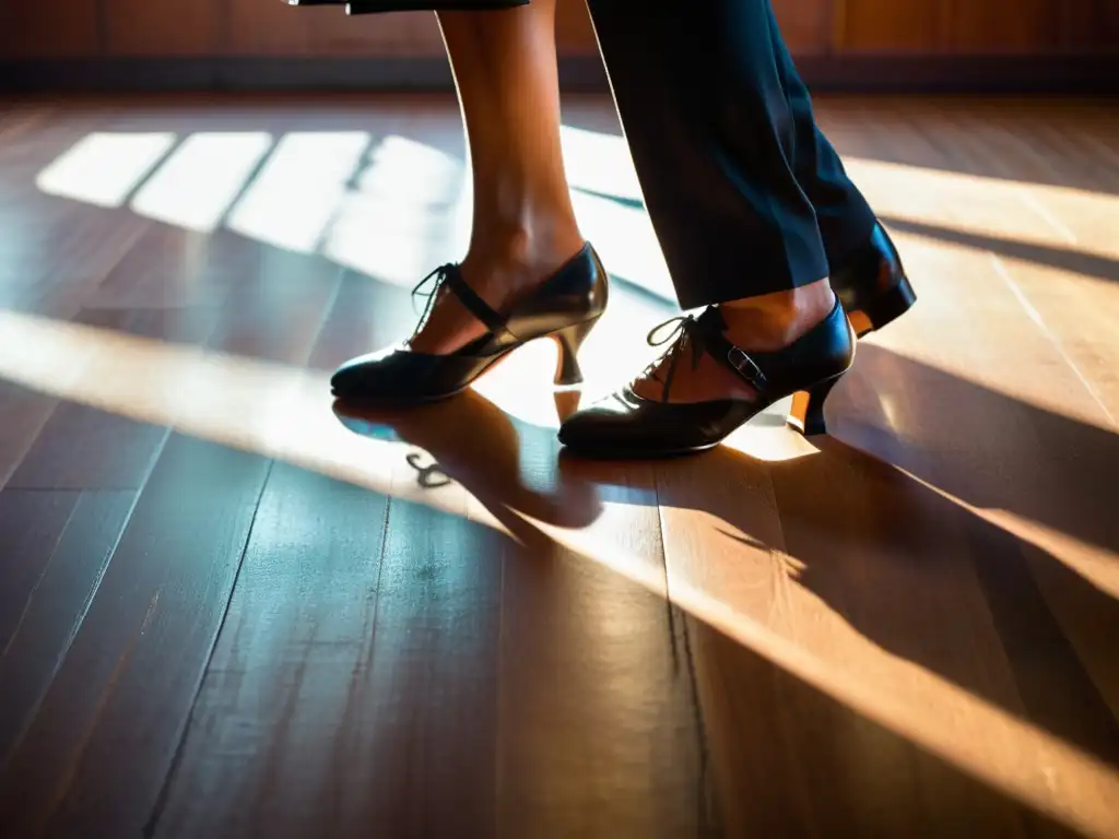 Pies de bailarín de tango en piso de madera, reflejando tradición y modernidad