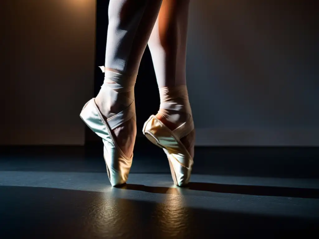 Los pies vendados de una bailarina en punta, con callos, en zapatillas gastadas