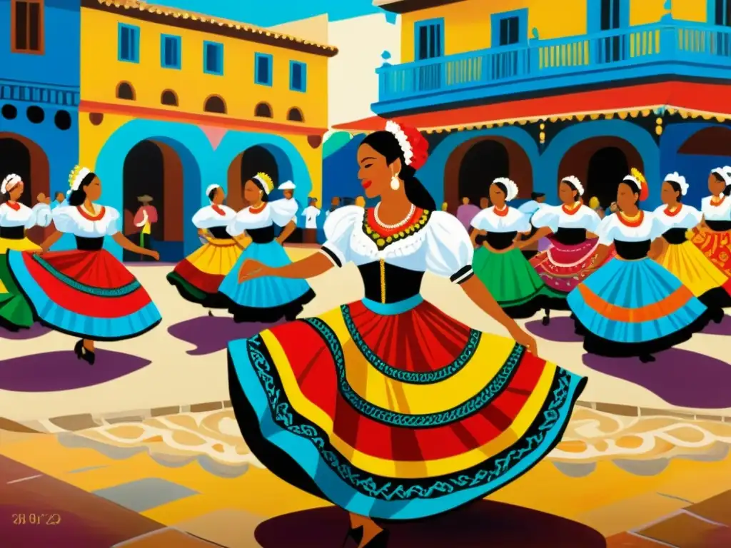 Una pintura detallada de una tradicional danza Contradanza, con trajes vibrantes, movimientos intrincados y una atmósfera enérgica