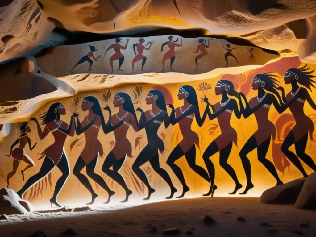 Una pintura rupestre detallada muestra figuras humanas ancestrales bailando en poses dinámicas, con detalles intrincados y una energía vibrante