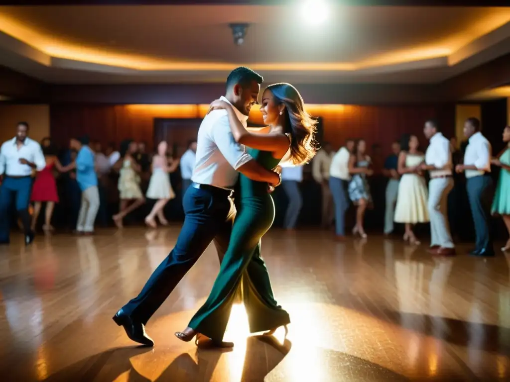 Una fotografía de alta resolución de una pista de baile animada, donde parejas bailan apasionadamente bachata