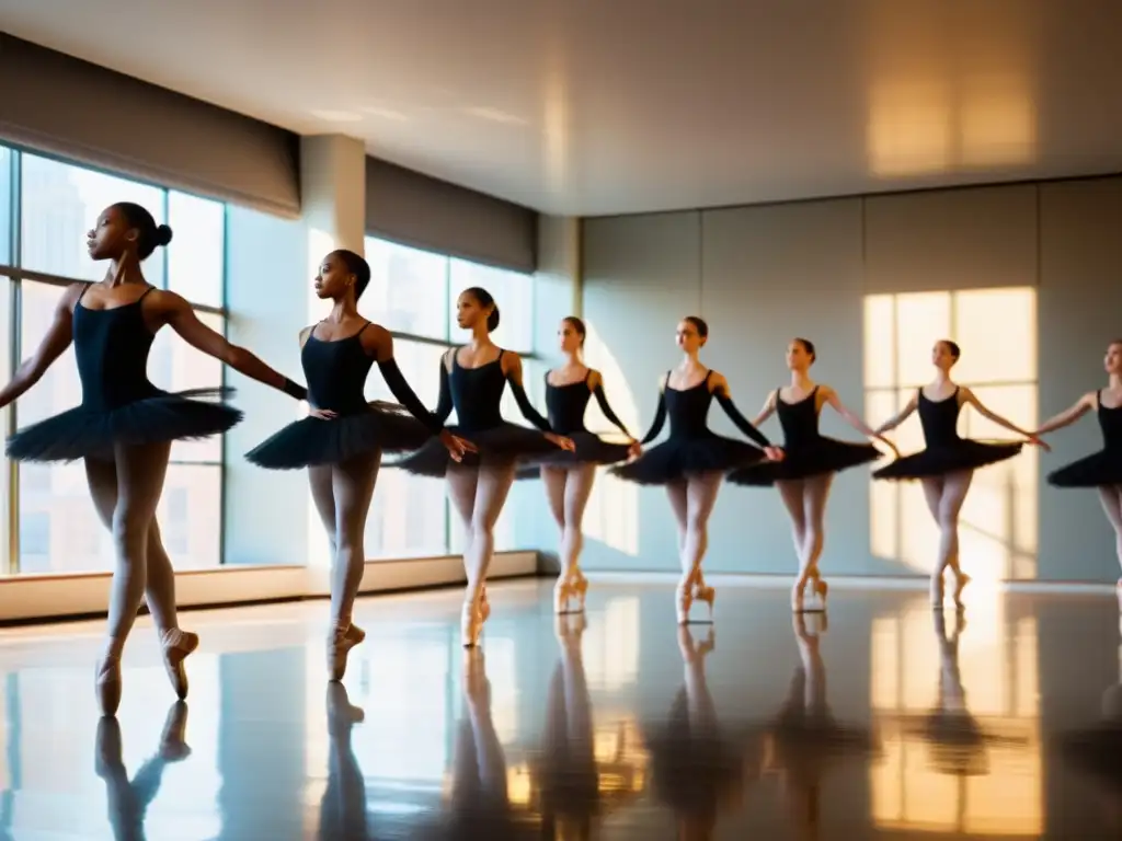 Clase de ballet digital: gracia y pasión en movimiento Plataformas educativas para maestros de danza en línea: Instructores y estudiantes de ballet se mueven con gracia en un estudio soleado, reflejando la disciplina y la creatividad de la educación en danza
