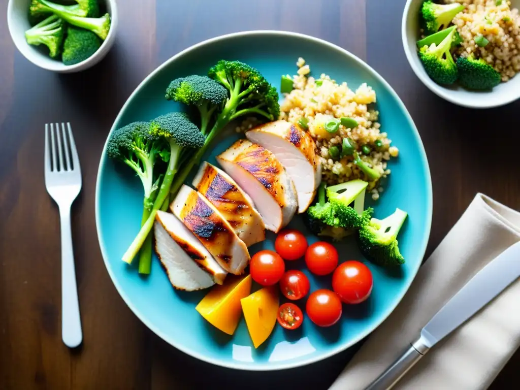 'Plato equilibrado con pollo a la parrilla, quinoa, brócoli al vapor y verduras frescas