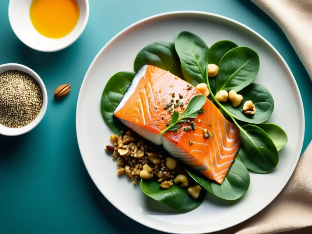 Un plato lleno de alimentos coloridos y ricos en nutrientes, como salmón, nueces, espinacas y semillas de chía