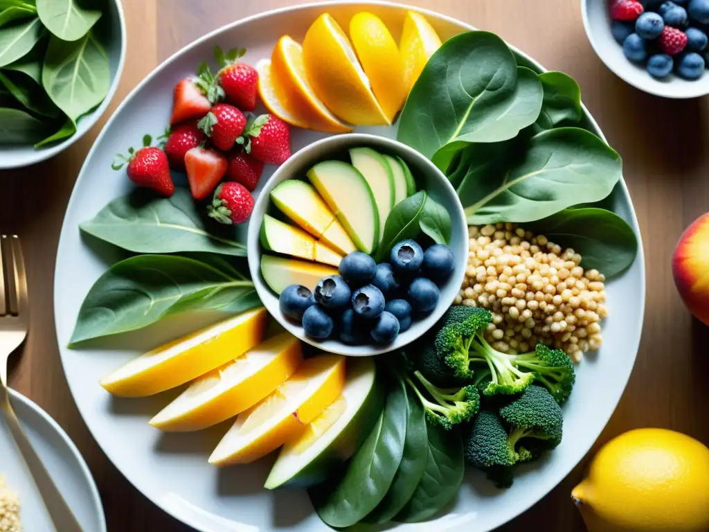 Un plato repleto de alimentos coloridos y nutrientes para el plan alimenticio ideal bailarín, resaltando su frescura y vitalidad