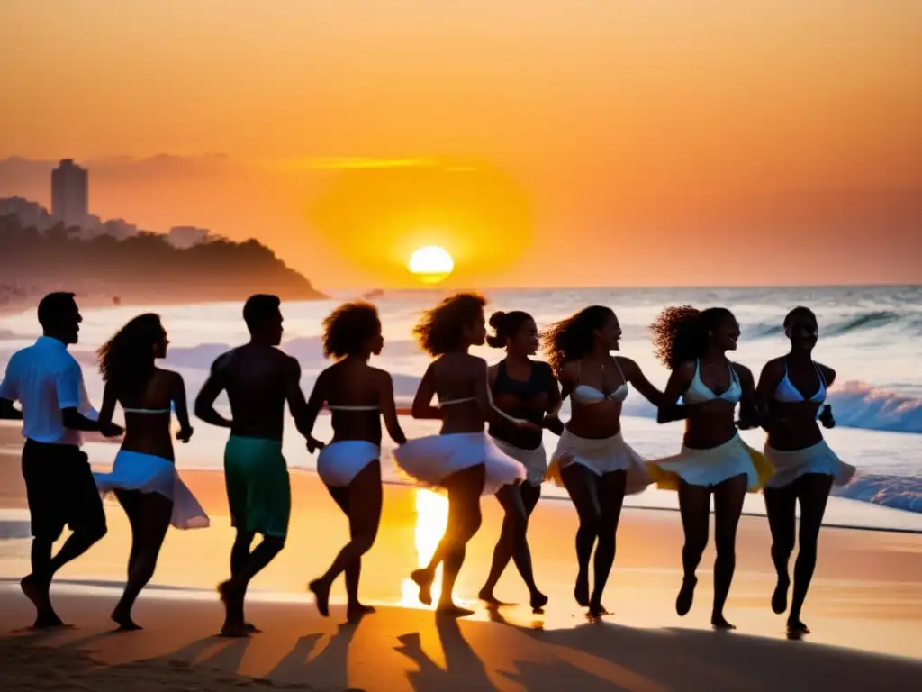 Una playa brasileña llena de vida al atardecer, con siluetas bailando la Lambada, capturando el significado cultural de la Lambada brasileña