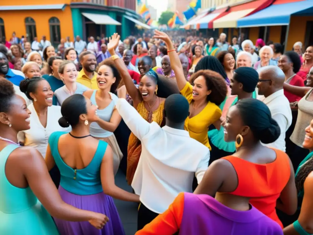 Una plaza de ciudad llena de gente de todas las edades y orígenes bailando juntos en una celebración espontánea y alegre, capturando la esencia de la unidad cultural y la revolución social