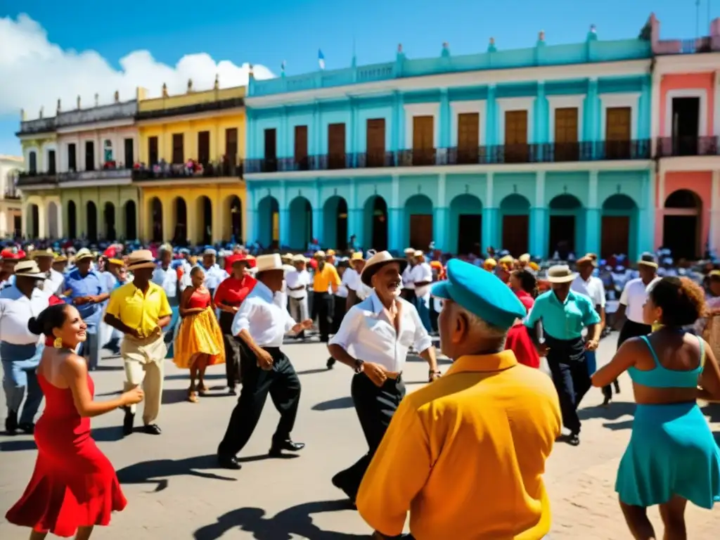 Una plaza cubana llena de vida, donde locales bailan al ritmo del Son montuno