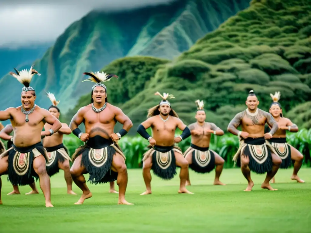 Una poderosa danza tradicional Maorí en Nueva Zelanda, con expresiones intensas y coloridos trajes, celebrando la diversidad cultural