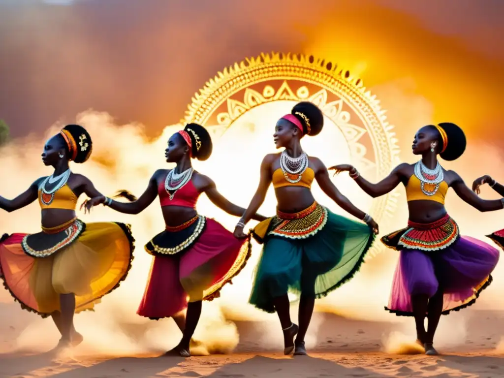 Un poderoso baile africano tradicional se desarrolla al atardecer, mostrando la energía y la rica herencia cultural de África