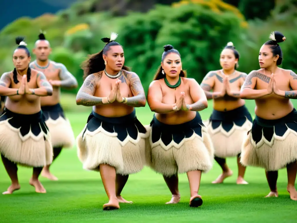 Danza Poi Maorí significado cultural: Bailarines Maoríes giran poi con destreza, vistiendo trajes tradicionales en un paisaje verde