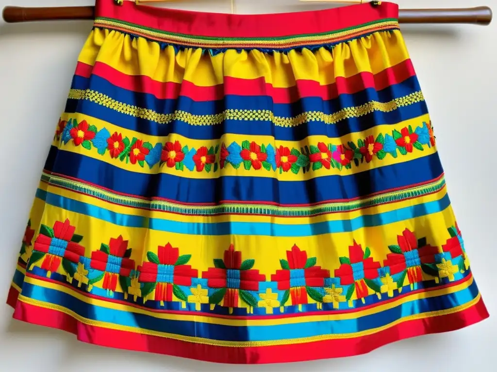 Pollera colombiana: tradición y color vibrante Una pollera colombiana colorá, con bordados vibrantes y detallados en rojo, amarillo y azul, que representan la rica herencia cultural y la alegría de las tradiciones colombianas