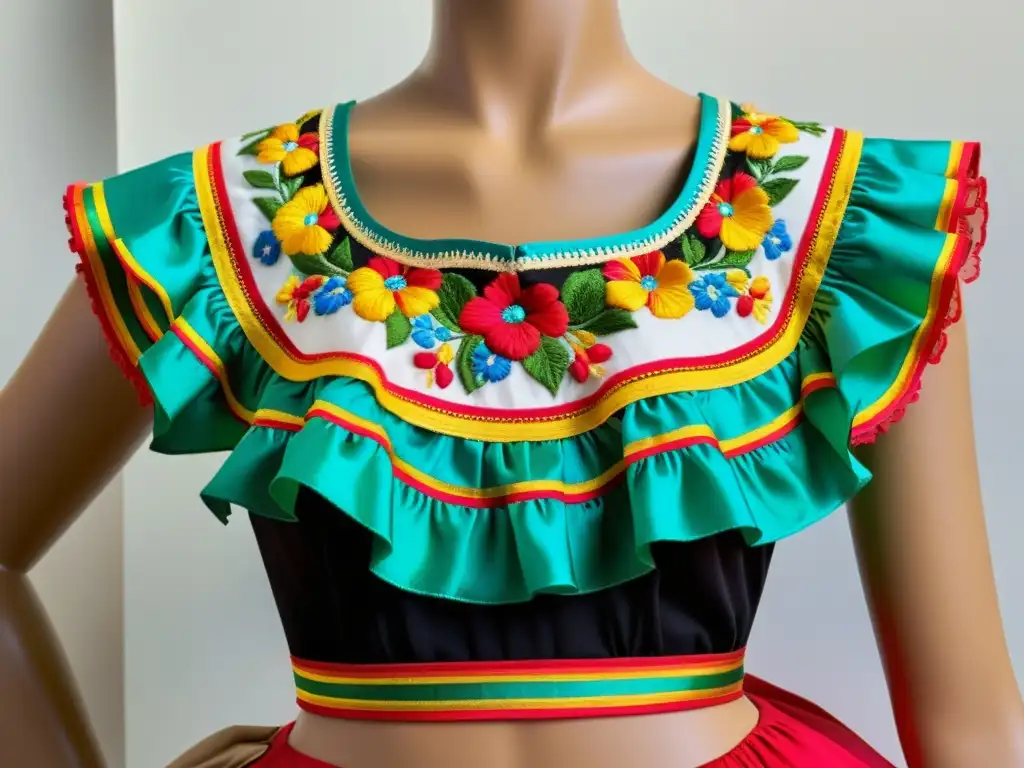 Una pollera panameña bordada con colores vibrantes y delicados patrones florales, reflejando la evolución del traje de la pollera panameña