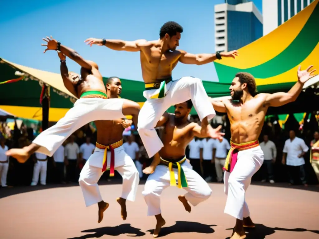 Practicantes de capoeira realizan acrobacias en un bullicioso mercado de Brasil, capturando el significado cultural de la capoeira brasileña