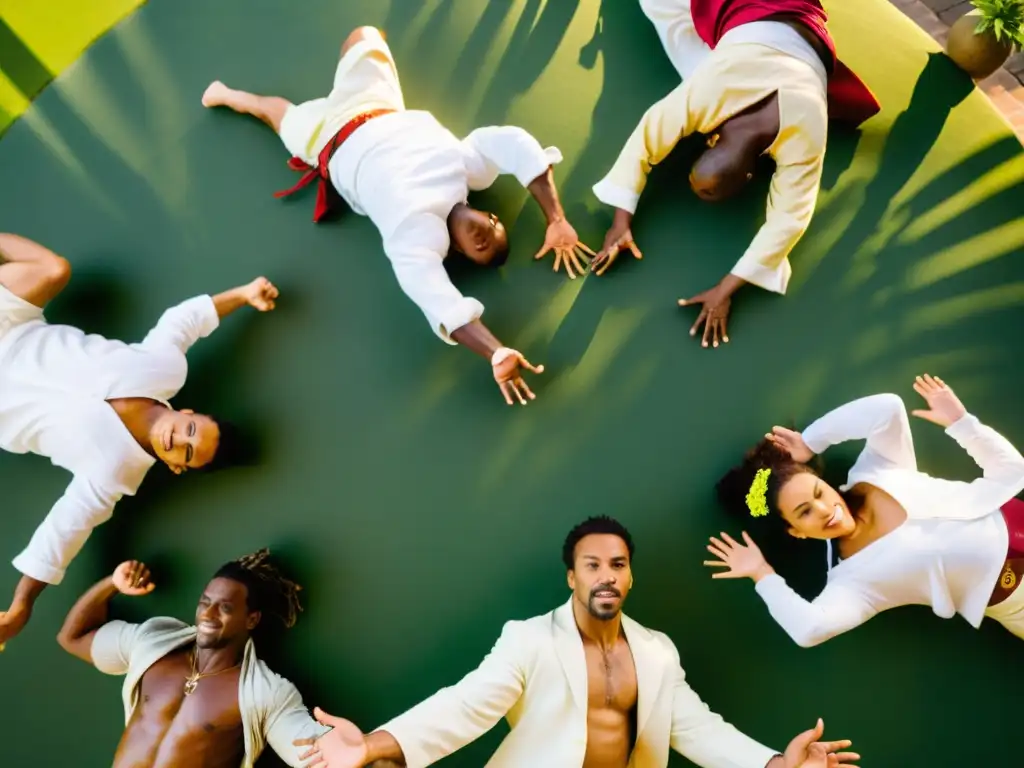 Practicantes de capoeira brasileña en movimiento, capturando su significado cultural en una atmósfera de energía y pasión