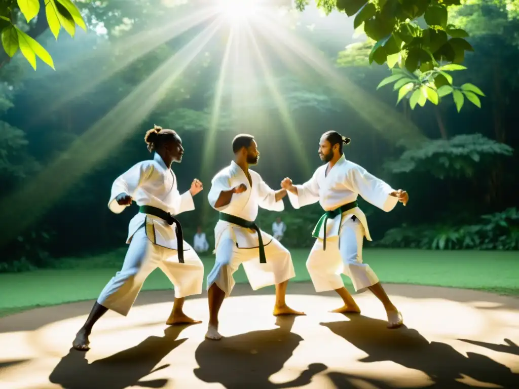 Practicantes de Capoeira en círculo, vistiendo ropa blanca en un claro bosque tropical