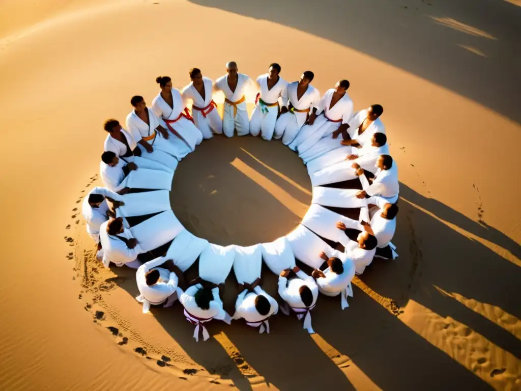 Practicantes de capoeira en la playa al atardecer, mostrando el significado cultural de esta danza de Brasil