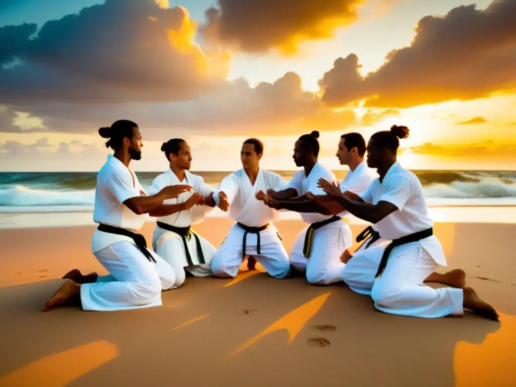 Practicantes de capoeira en la playa al atardecer, reflejando la autenticidad cultural y la resistencia de la capoeira brasileña