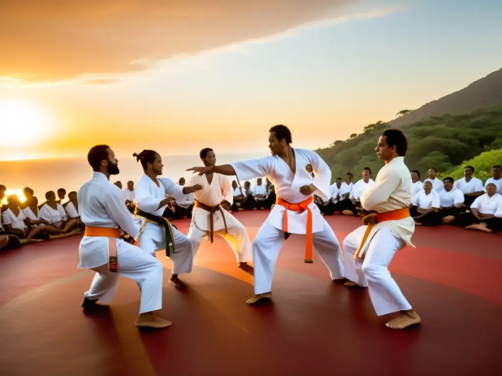 Practicantes de capoeira en un roda dinámico al atardecer, capturando la esencia y significado cultural de la danza Capoeira en Brasil