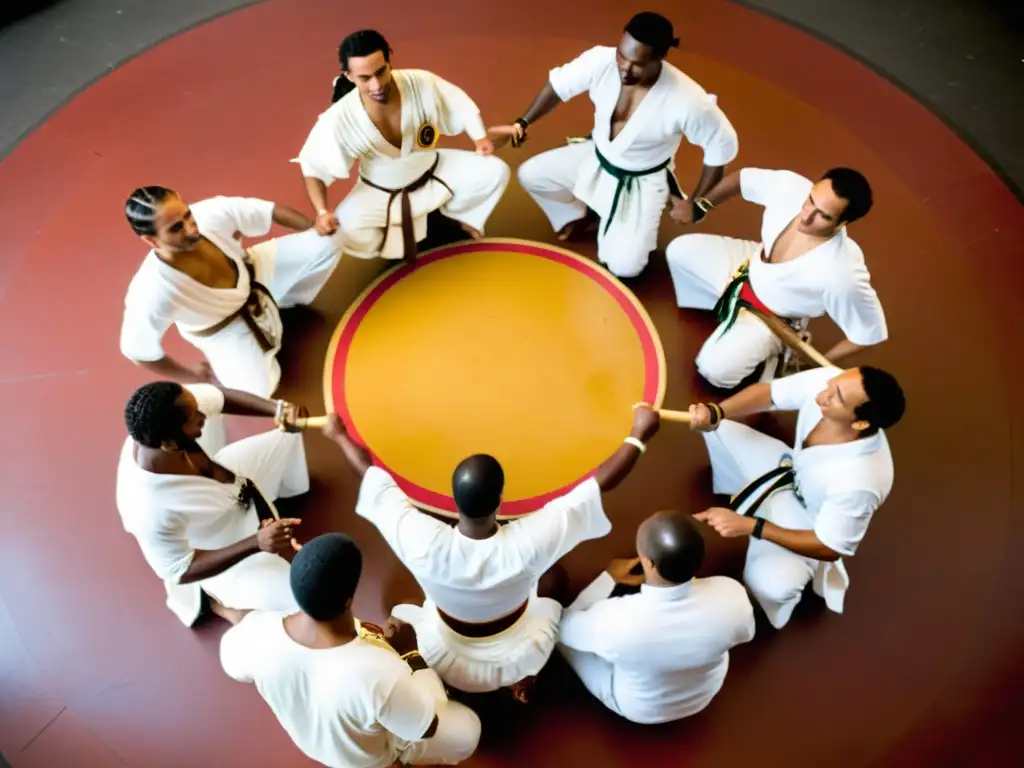 Practicantes de capoeira en un roda, con movimiento dinámico y vestimenta tradicional, reflejando el significado cultural de la capoeira afrobrasileña