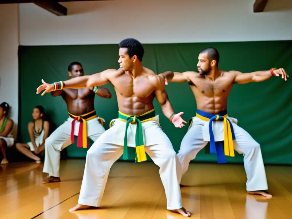 Practicantes de capoeira en roda, con movimientos dinámicos y expresiones intensas