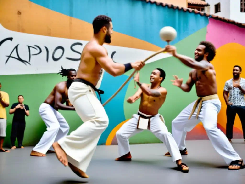 Practicantes de capoeira en una roda, vistiendo pantalones blancos y tocando el berimbau, rodeados de espectadores, con coloridos murales de fondo