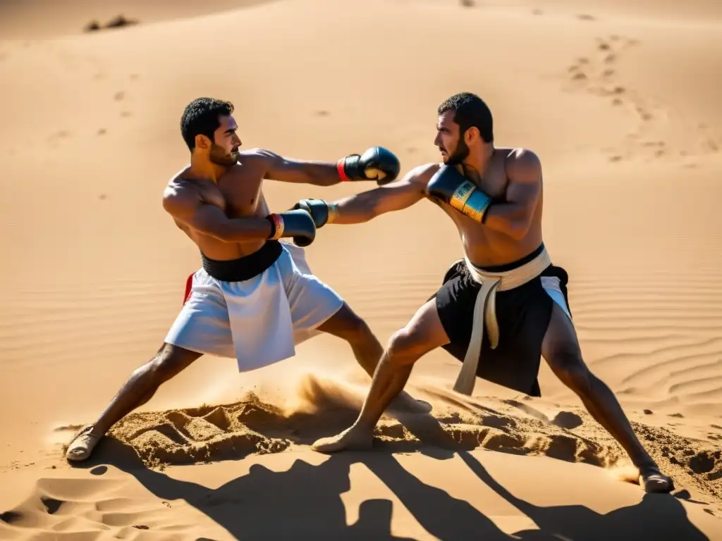 Dos practicantes de Tahtib egipcio danza folclórica en un intenso combate de bastones bajo el sol, con trajes tradicionales y expresiones de determinación