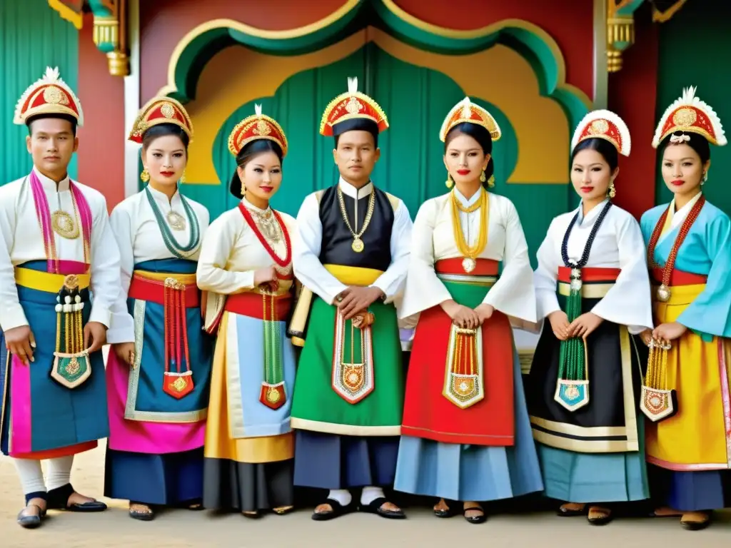 Practicantes de Thang Ta con trajes tradicionales y armas, exhibiendo gracia y precisión en el arte marcial y danza Manipuri