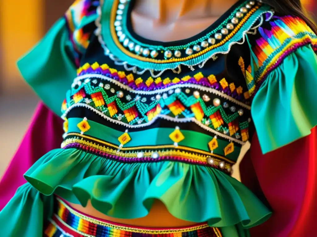 Un precioso traje de danza mexicano con bordados detallados, colores vibrantes y adornos delicados