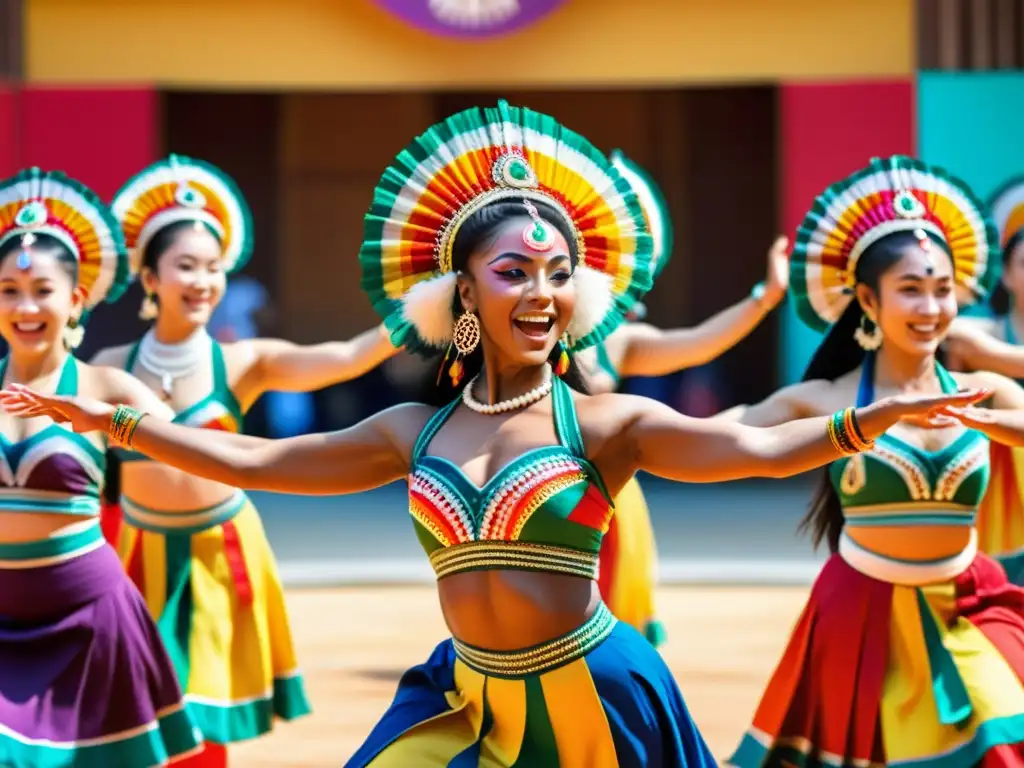 Una presentación de danza tradicional con bailarines habilidosos y coloridos trajes en un ambiente vibrante