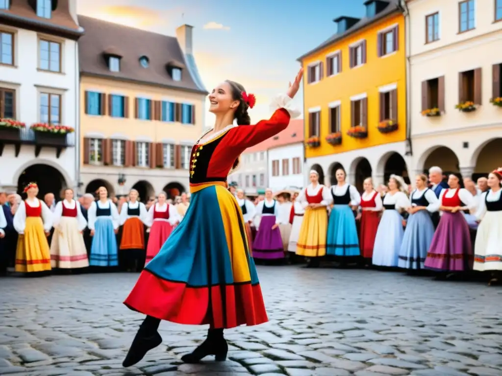 Presentación de danzas tradicionales europeas en una plaza histórica con vibrantes trajes, movimientos intrincados y una animada multitud